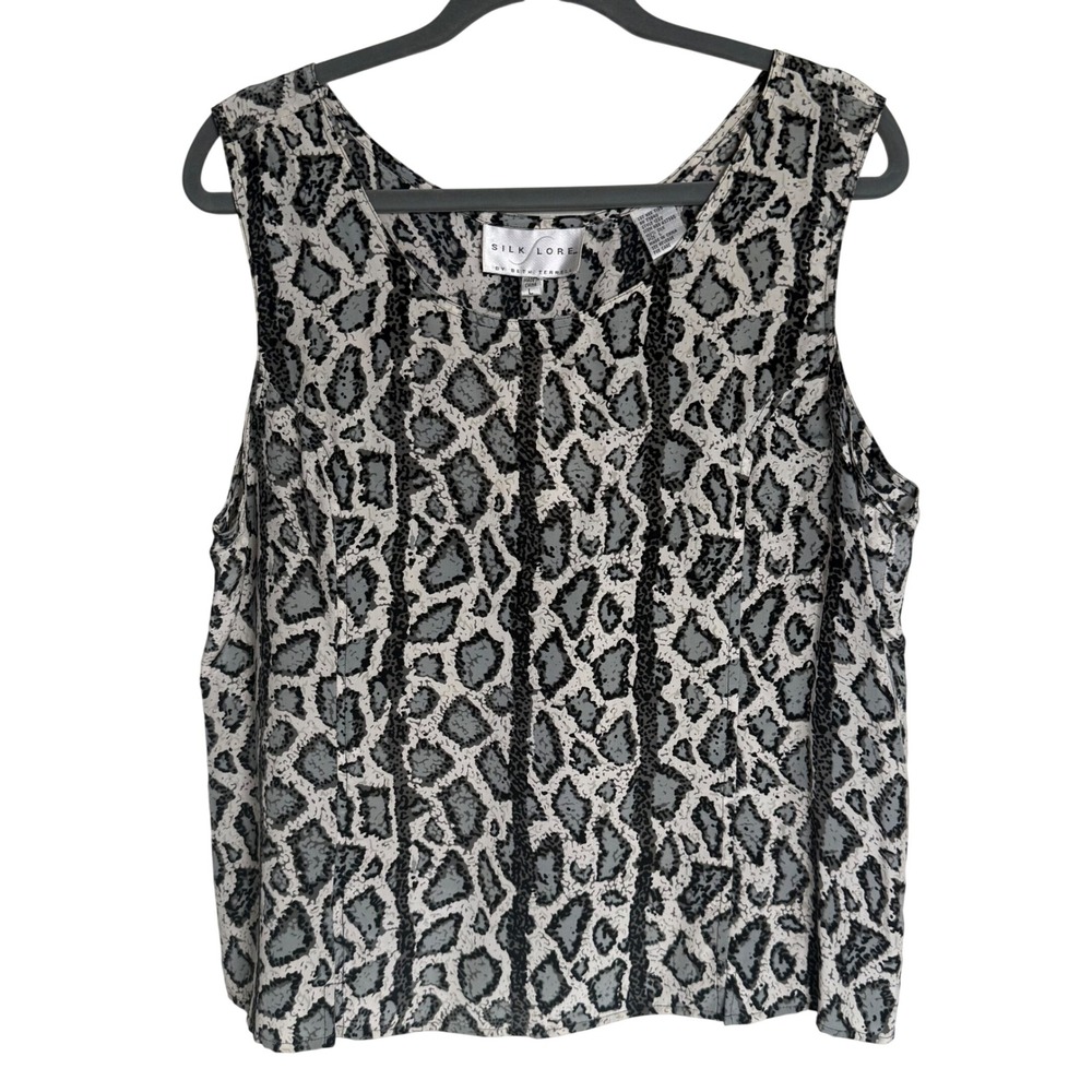 Silk Lore by Beth Terrell Gray Snakeskin Print 100% Silk Tank Top L Minimalist